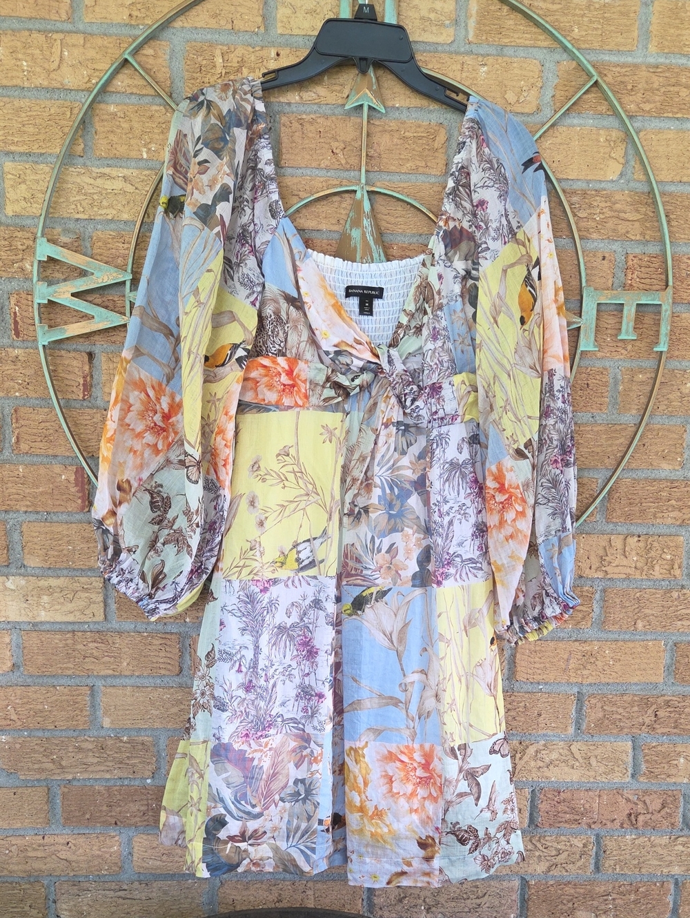 Banana Republic Twist Front Mini Dress Colorblock Floral Bird Pattern M Tall
